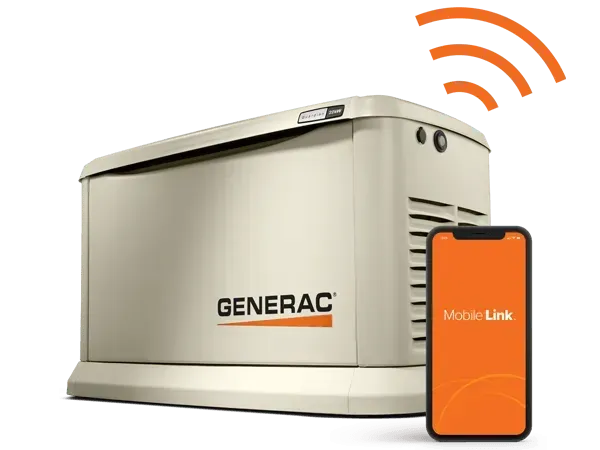 Generac home generator with Mobile Link app on smartphone, showing wireless connectivity