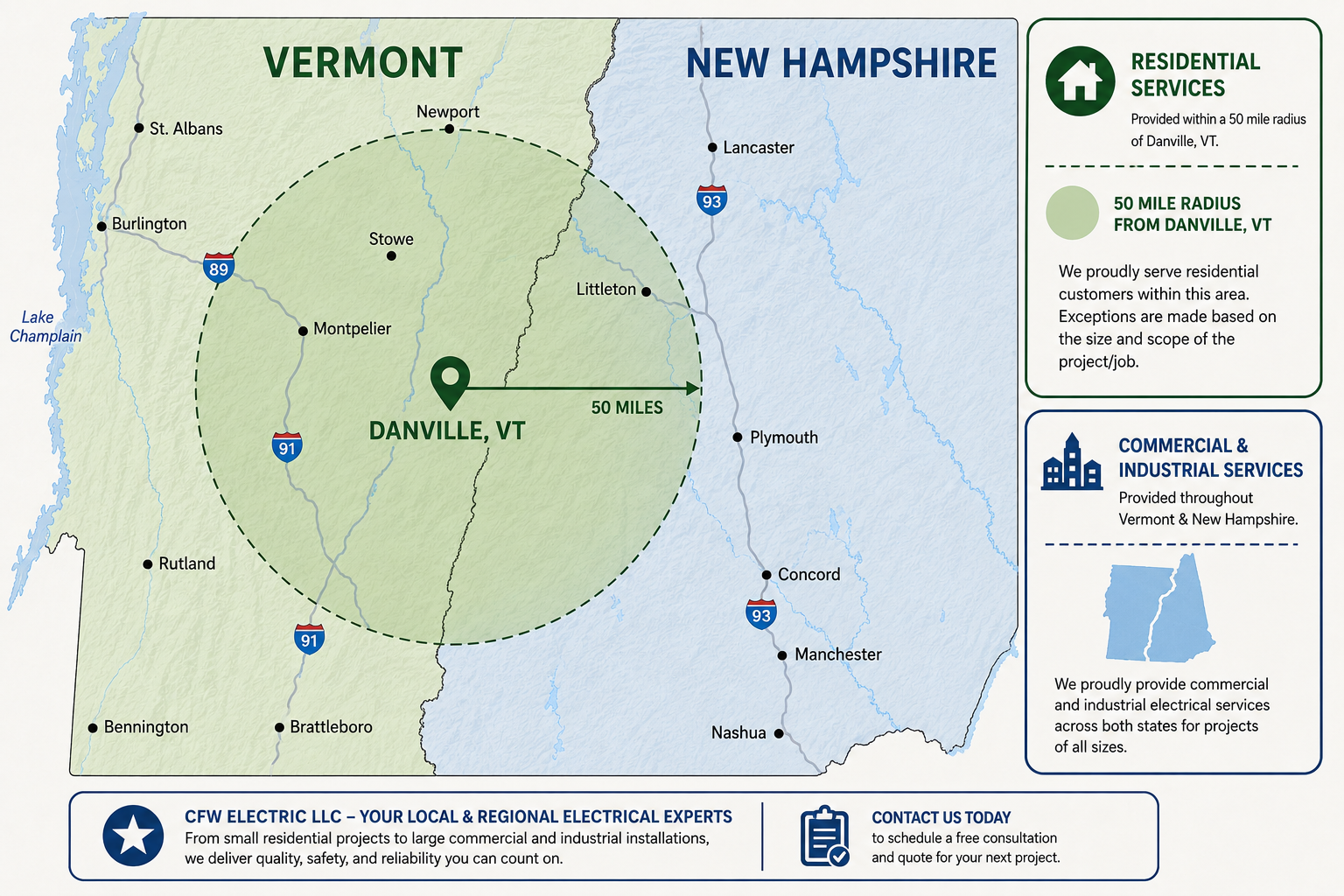 Map showing Vermont and New Hampshire with green shaded circles and marked locations.