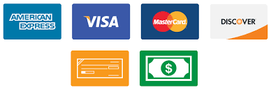 Credit card payment icons: American Express, Visa, Mastercard, Discover, plus orange card and green cash symbols