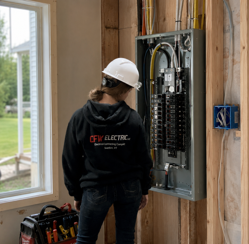 Residential electrician working at a breaker panel inside a home