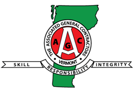 Associated General Contractors of Vermont logo on green Vermont silhouette with “Skill,” “Responsibility,” and “Integrity” ribbons