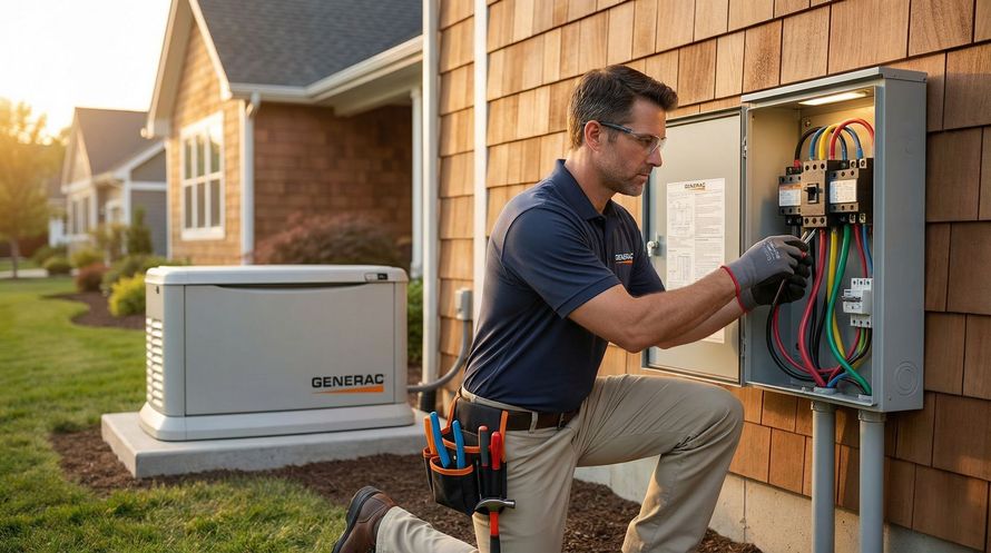 Standby generator installed beside a residential building