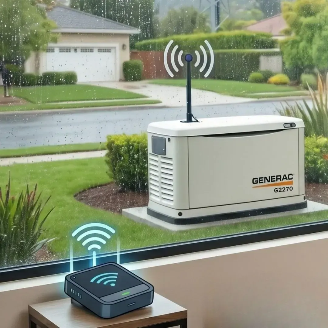 Generator in a rainy yard connected to a small wireless control device indoors.