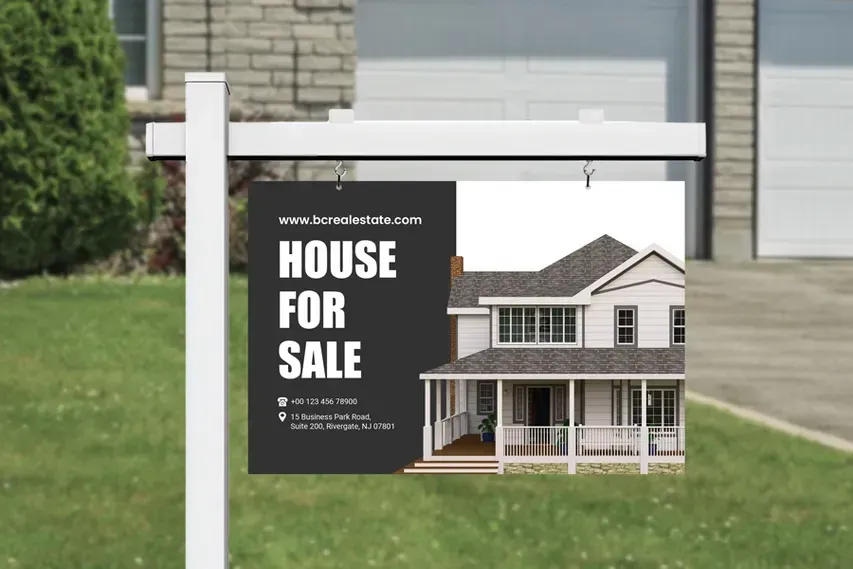 House for sale sign in a front yard with a house illustration and white post.