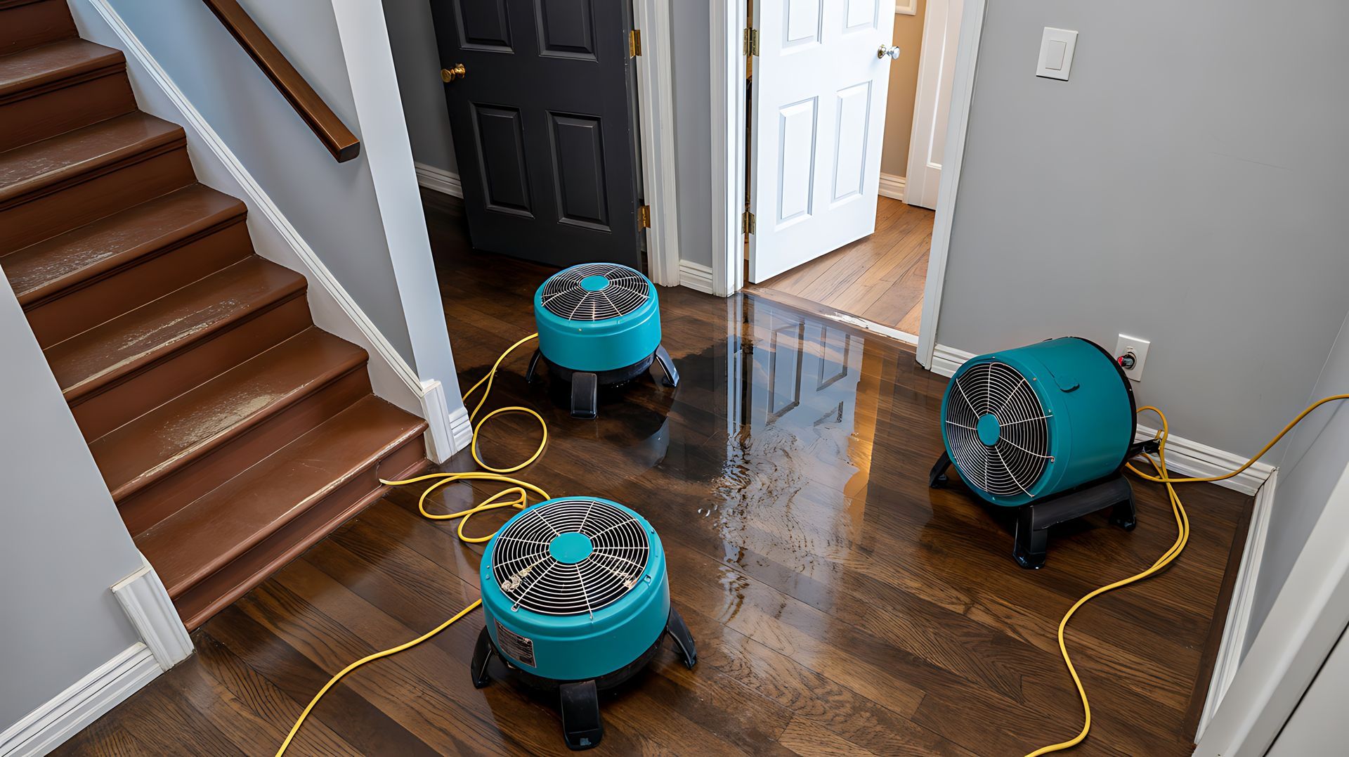 Industrial drying fans set up on a wet hardwood floor after water damage. Industrial drying fans set up on a wet hardwood floor after water damage.