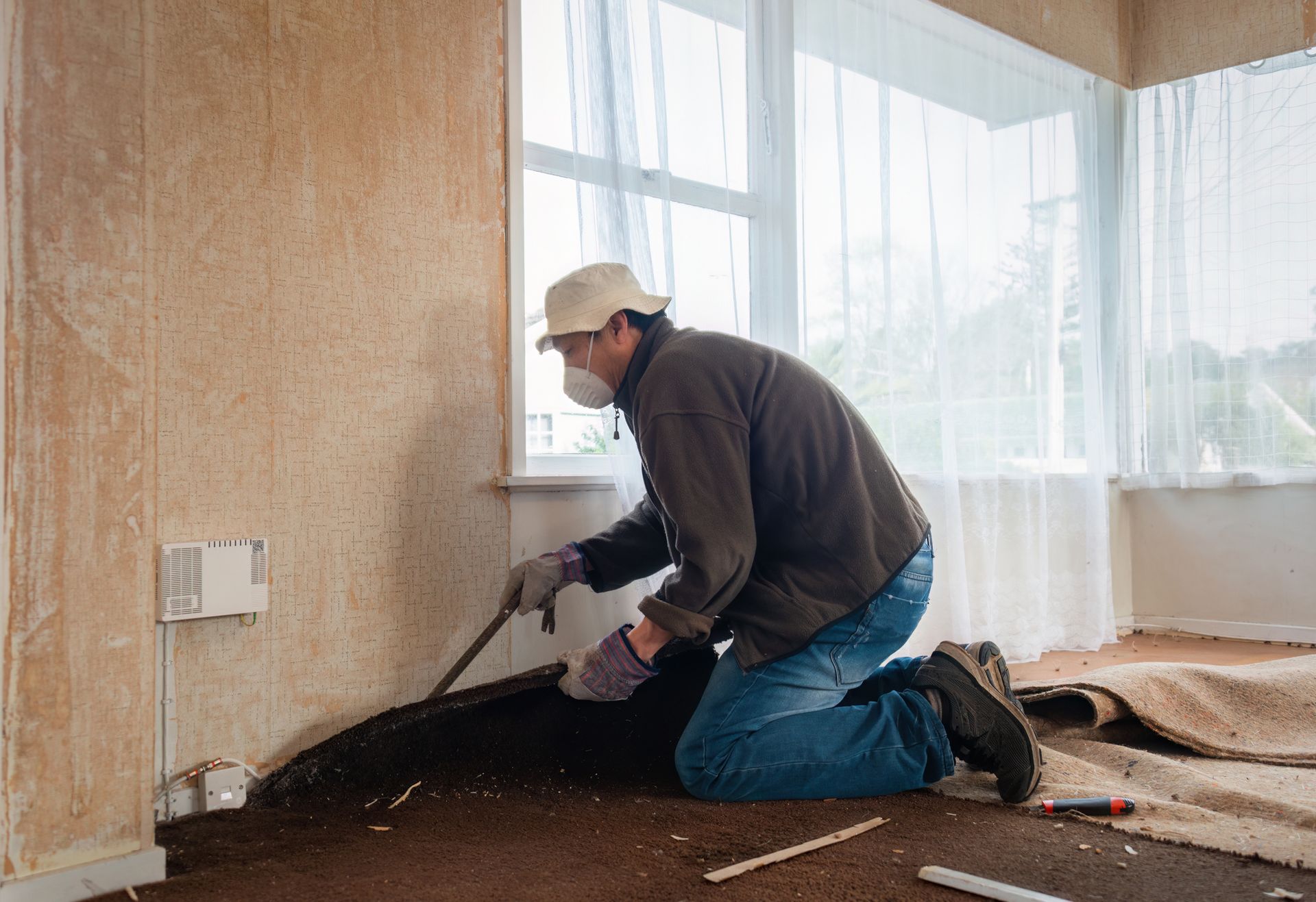 Worker removing old carpet during home renovation using tools and protective gear near window.