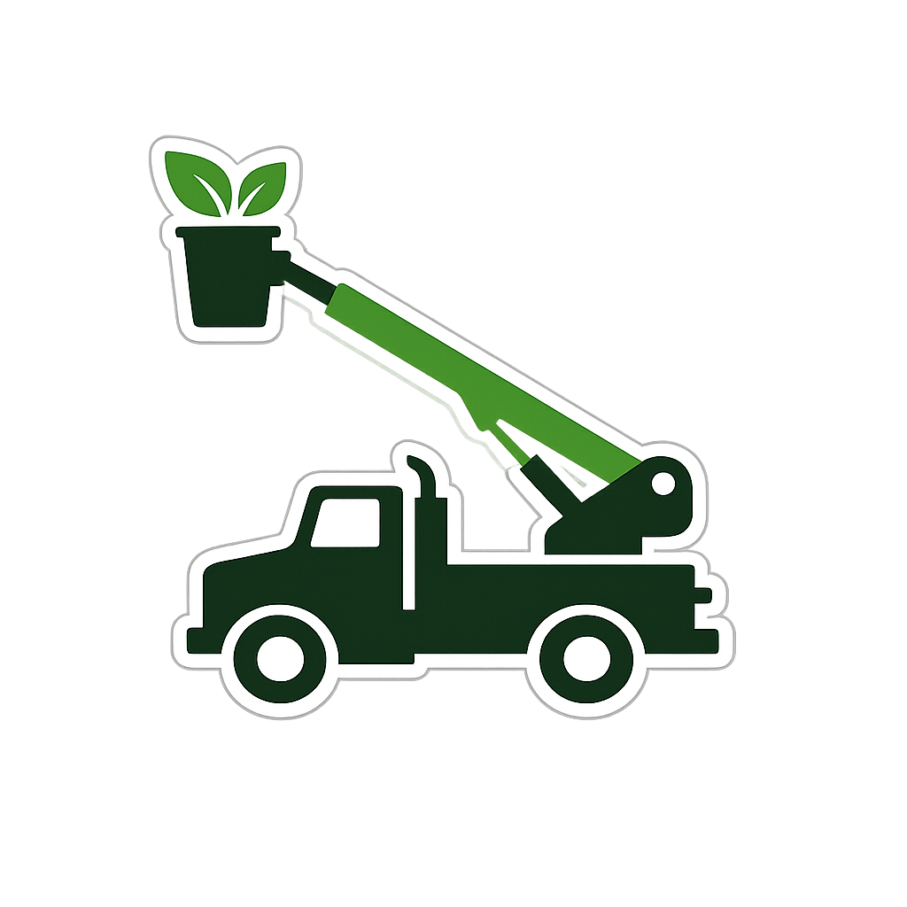 Green utility truck lifting a potted plant with an extended boom arm