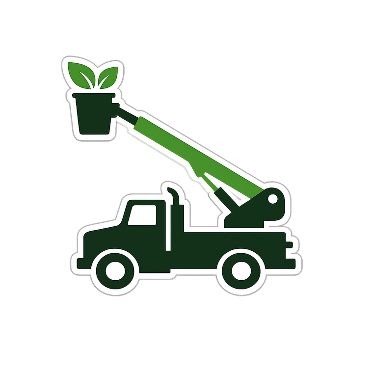 Green utility truck lifting a potted plant with an extended boom arm
