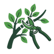 Green pruning shears trimming a leafy tree branch illustration