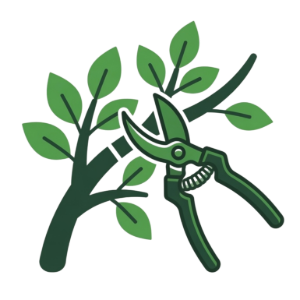 Green pruning shears trimming a leafy tree branch illustration