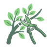 Green pruning shears trimming a leafy tree branch icon