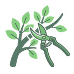 Green pruning shears trimming a leafy tree branch icon