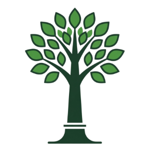 Green tree logo with a dark trunk and leaves on a white background