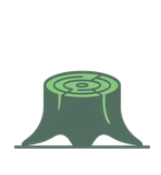 Green tree stump illustration with cut top and roots visible