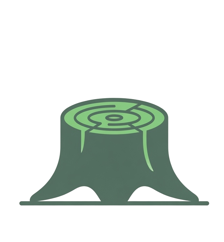 Green tree stump illustration with cut top and roots visible