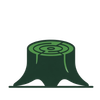 Green tree stump icon with roots and growth rings on a white background