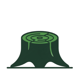 Green tree stump icon with roots and growth rings on a white background