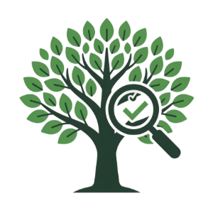 Green tree logo with magnifying glass and check mark, suggesting environmental inspection or verification