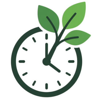 Green clock with leaves growing from the top, symbolizing eco-friendly time or sustainability