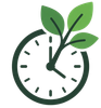 Green clock with leaves growing from the top, symbolizing eco-friendly time or sustainability
