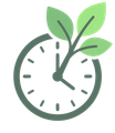 Green clock with leaves growing from the top, symbolizing eco-friendly time or sustainability