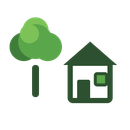 Green tree icon next to a house icon with a window and door, in dark and light green.
