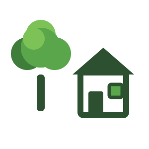 Green tree icon next to a house icon with a window and door, in dark and light green.
