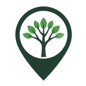 Green location pin with a tree icon inside on a white background