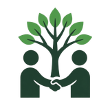 Two people shaking hands beneath a green tree with leaves