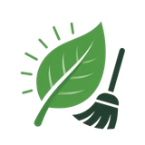 Green leaf with sun rays beside a broom, symbolizing eco-friendly cleaning.
