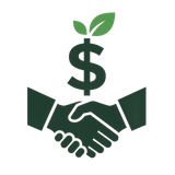 Handshake under a green dollar sign with leaves, symbolizing sustainable finance or eco-friendly business deal