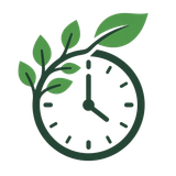 Green eco clock with leaves growing around it