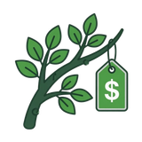 Green branch with leaves holding a hanging price tag marked with a dollar sign.