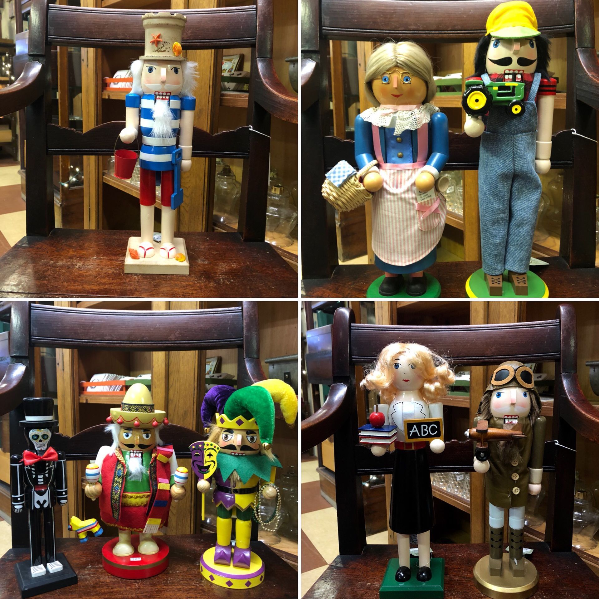 Four photos of wooden nutcracker figurines arranged on chairs, in colorful outfits and costumes.