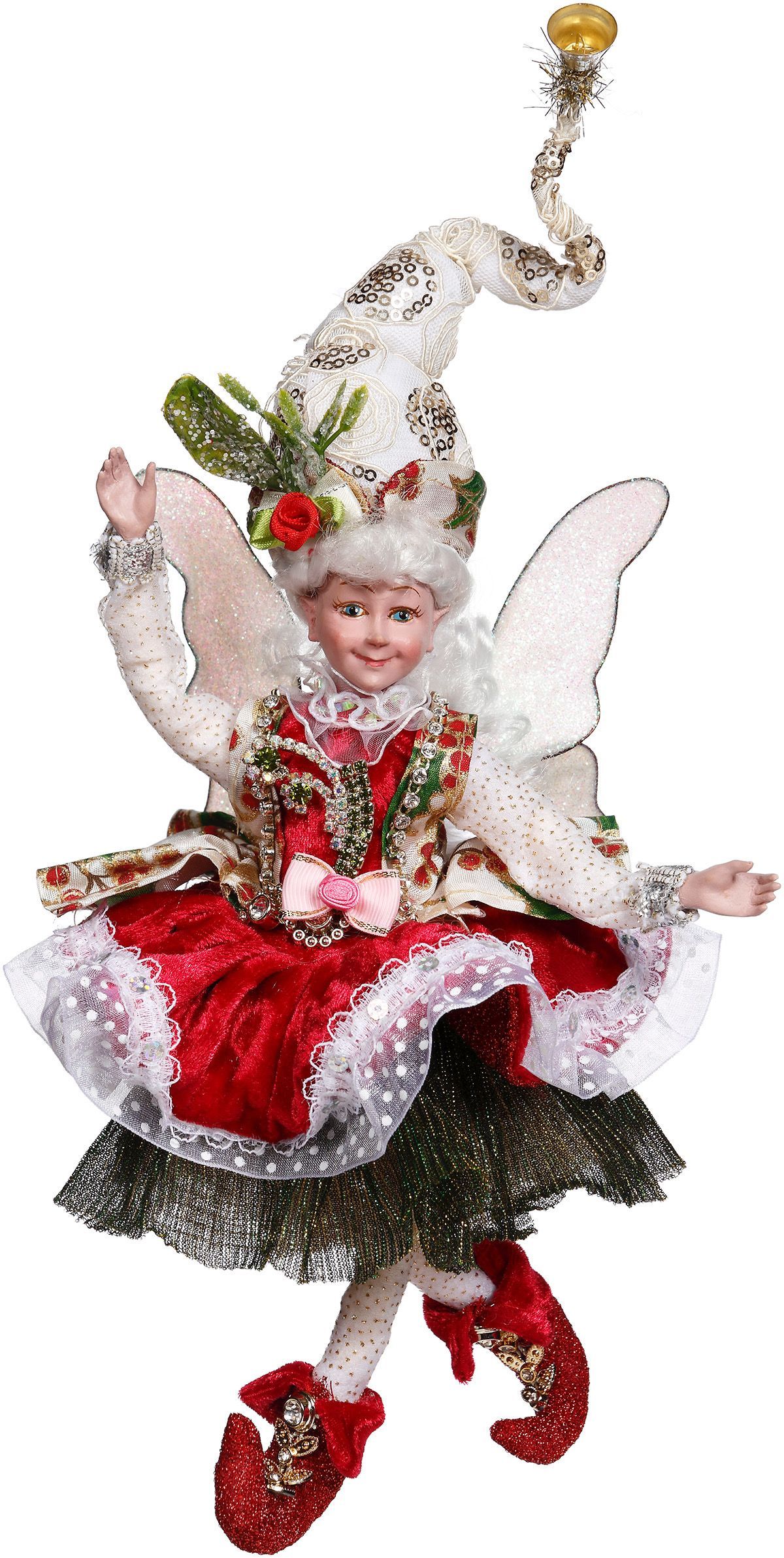 Festive child in red and green Christmas elf costume with wings and tall pointed hat