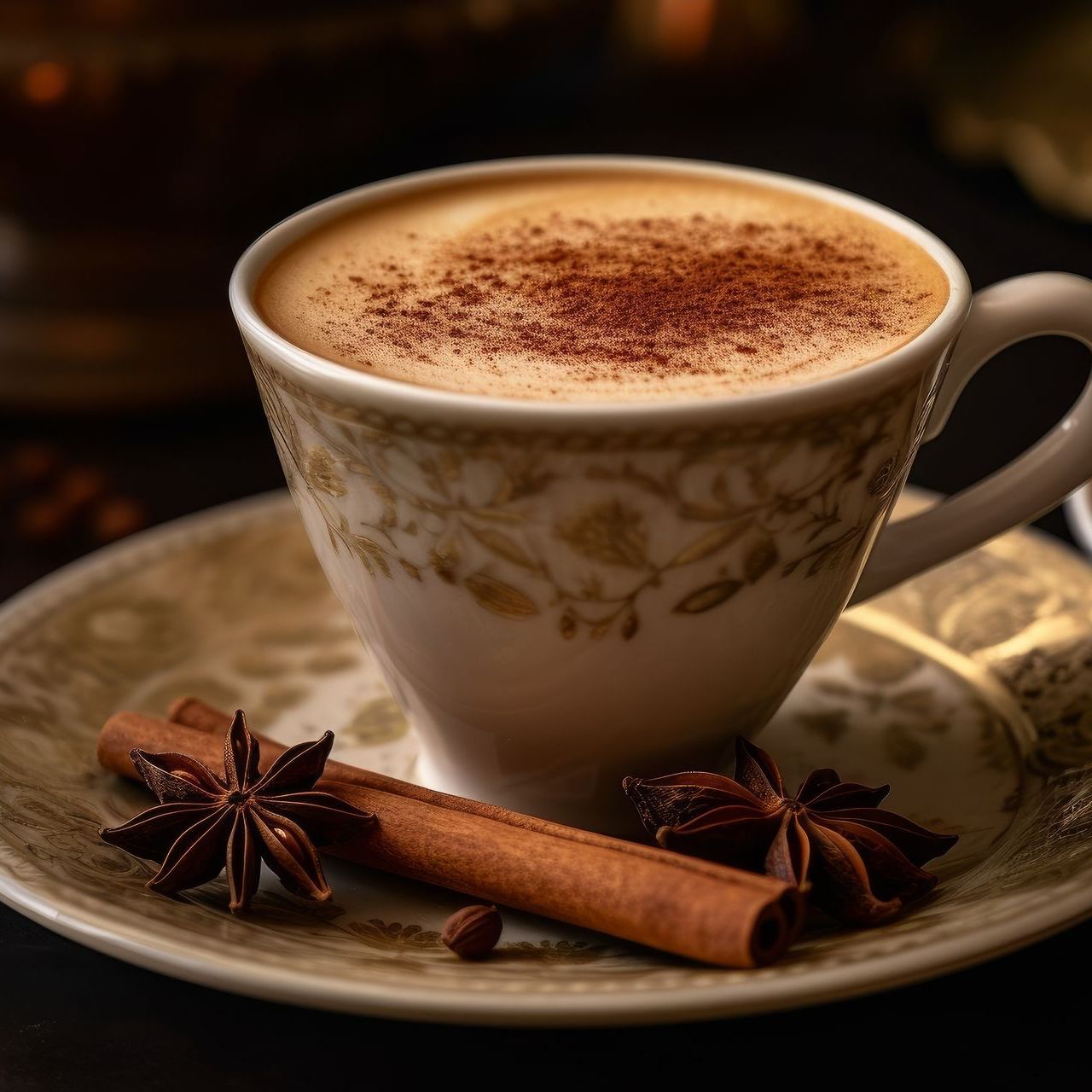 A cup of coffee with cinnamon sticks and star anise on a saucer