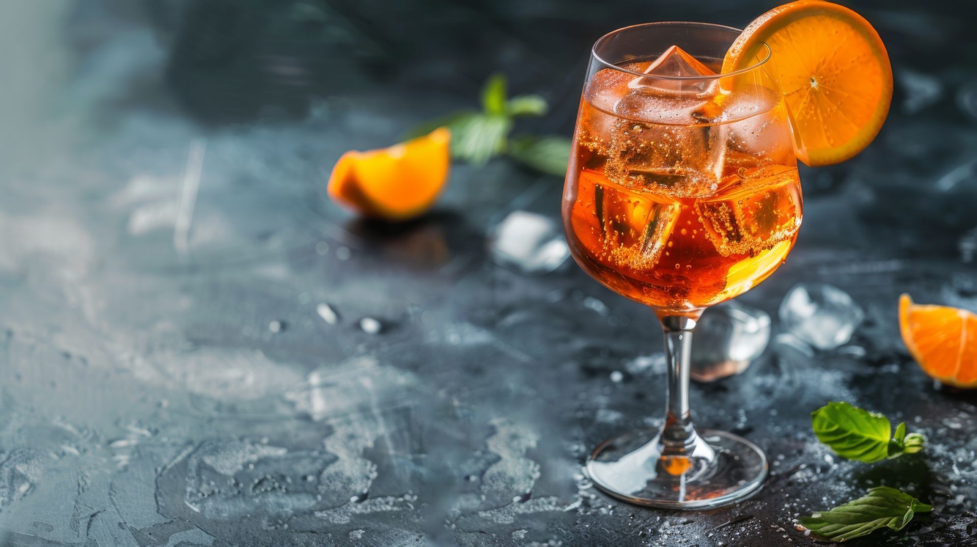 A glass of orange juice with ice and orange slices on a table.