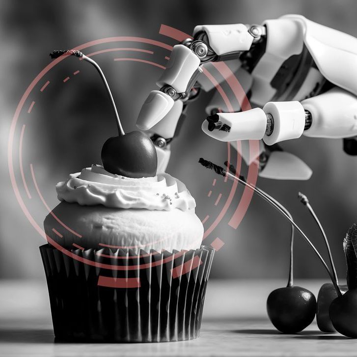 A robotic hand is reaching for a cupcake with a cherry on top