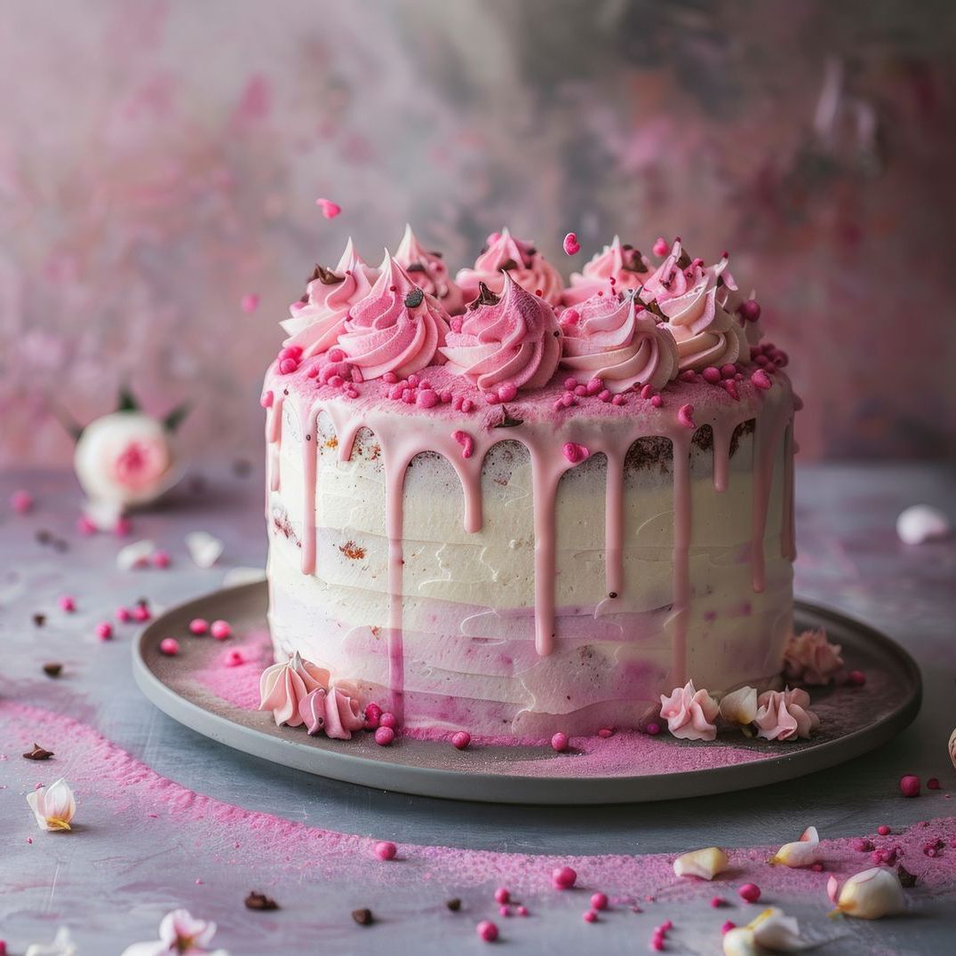 A cake with pink frosting and sprinkles is on a plate on a table.