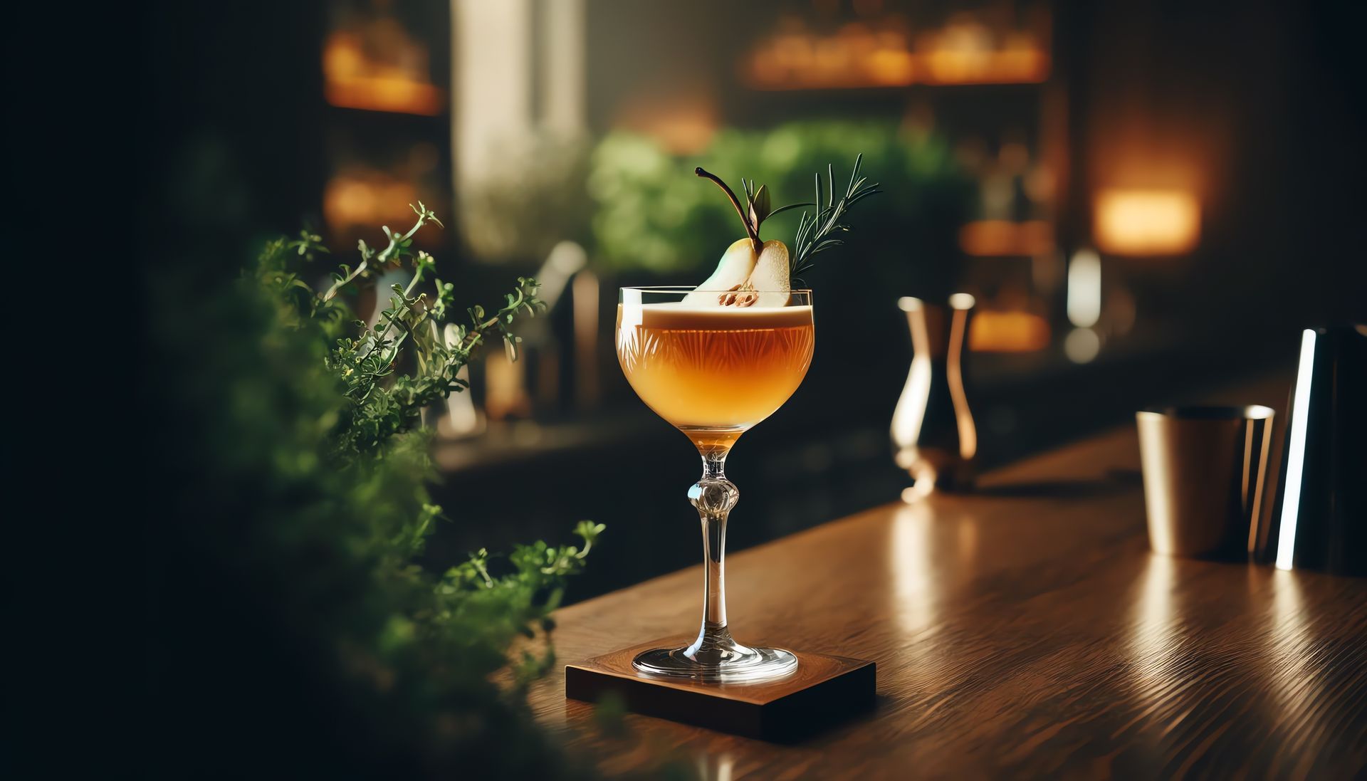 A close up of a cocktail in a glass on a bar.
