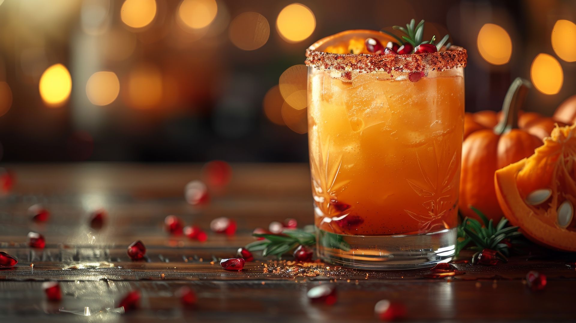 A glass of orange juice with pomegranate seeds on a wooden table.