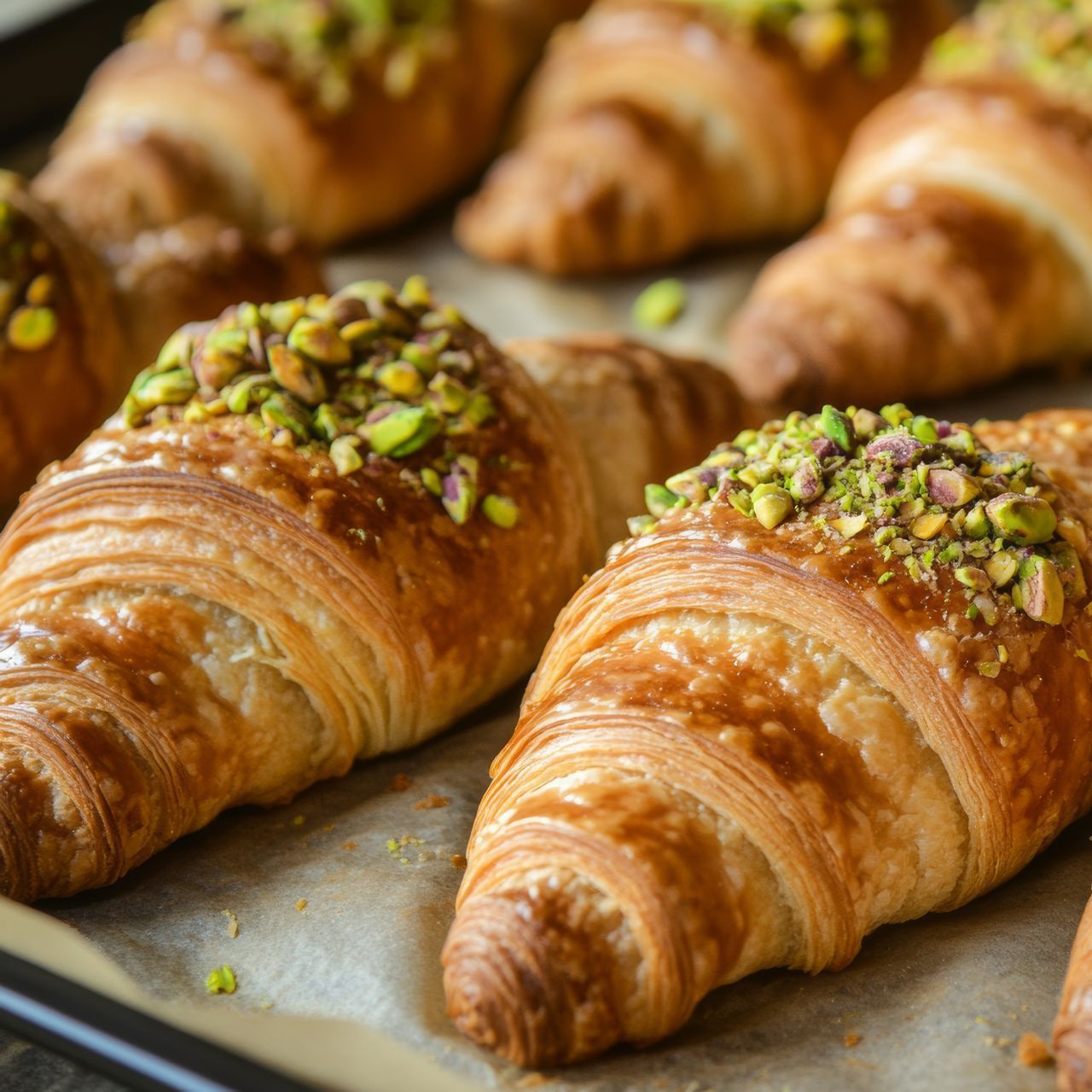 A tray of croissants with pistachios on top
