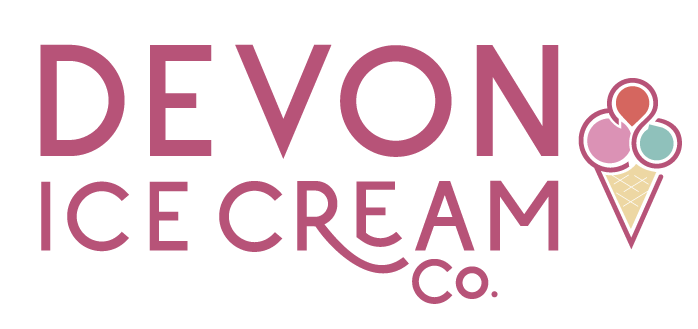 The logo for devon ice cream co. is a pink and white logo with an ice cream cone.