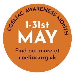 A sticker for coeliac awareness month that says find out more at coeliac.org.uk