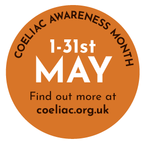 A sticker for coeliac awareness month that says find out more at coeliac.org.uk