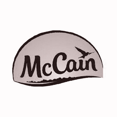 A mccain logo with a bird on it on a white background.