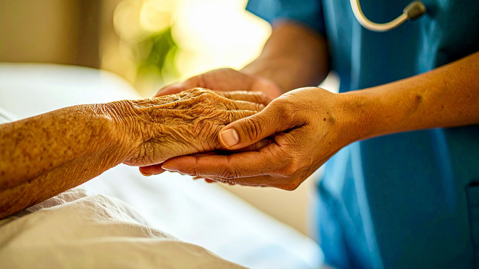 Hands gently holding an elderly person's hand in a hospital setting