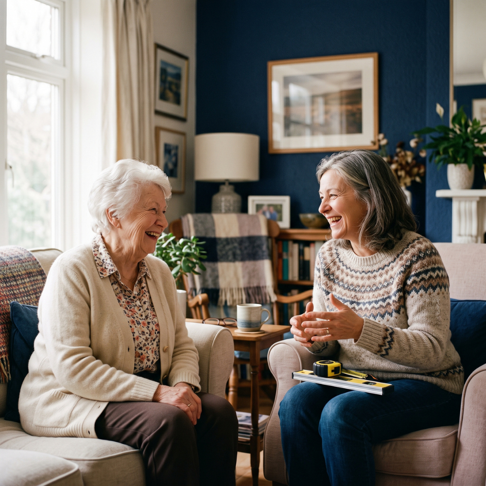Two people chatting on a sofa in a cozy blue living room, smiling and holding mugs