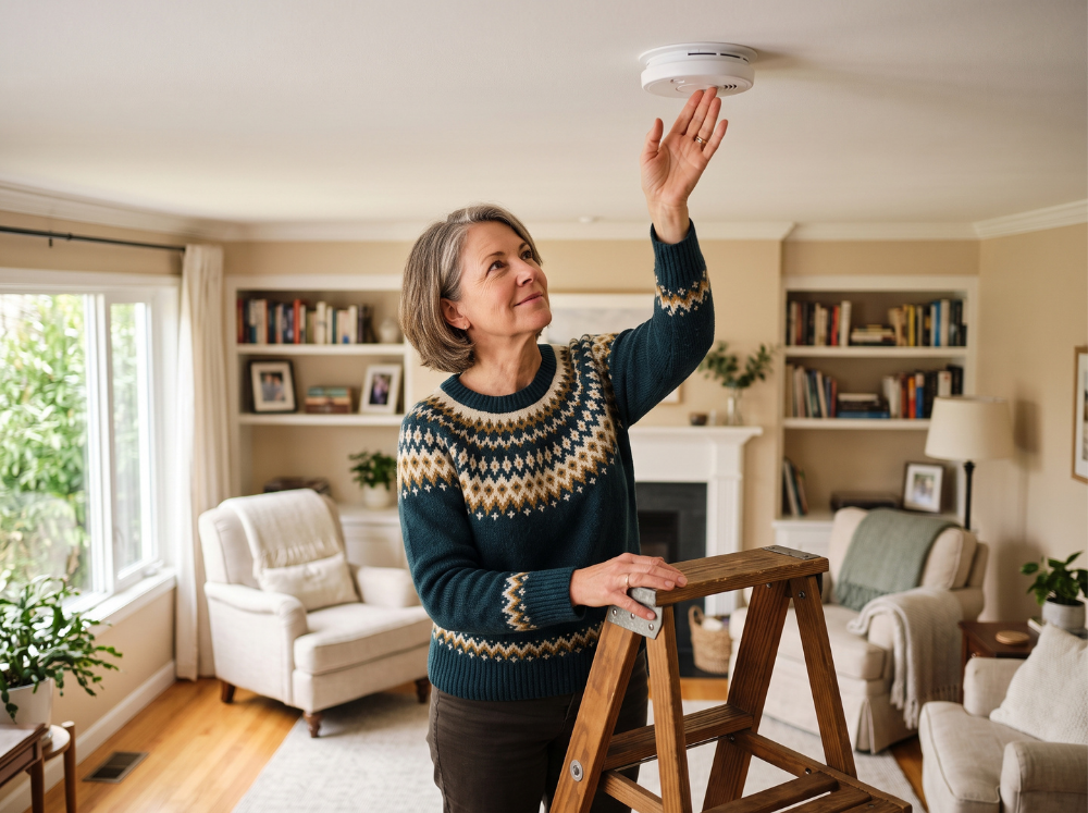 Woman on a ladder installing a smoke detector in a bright living room