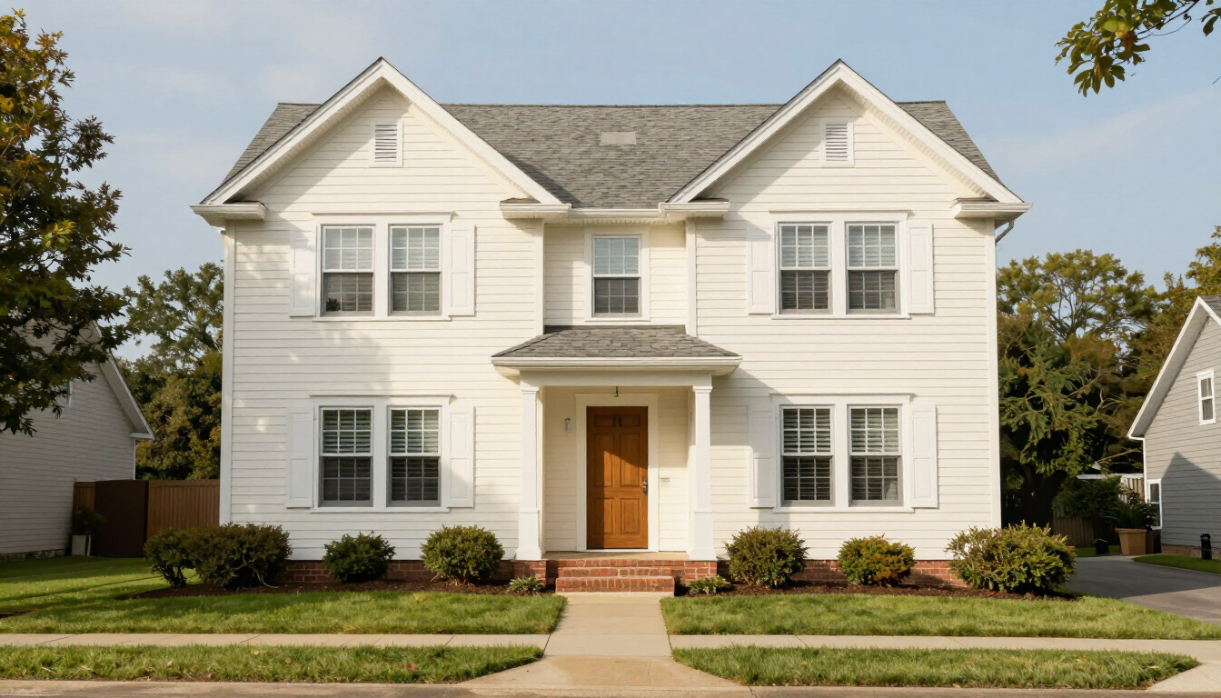 White two-story suburban house with a front porch, walkway, and manicured lawn.